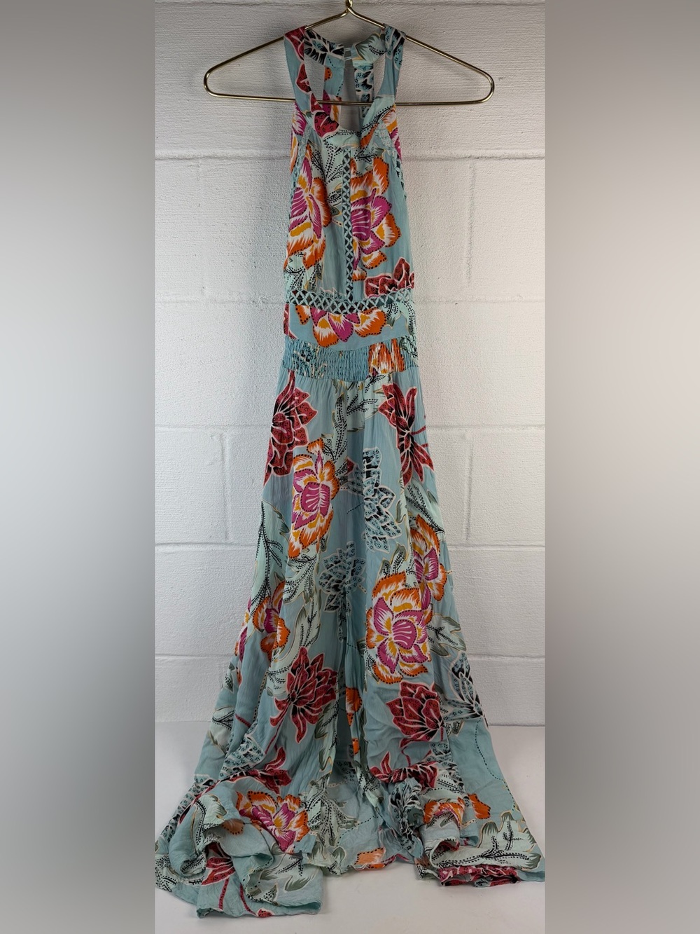 Jaase Boho Floral Halter Maxi Dress - Aqua with Pink & Orange Floral